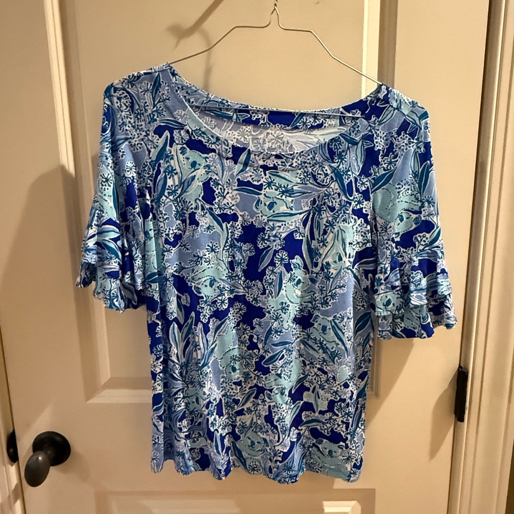 Lilly Pulitzer tee with double ruffle sleeve detail, koala print